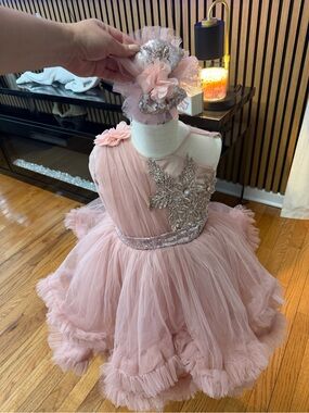 Blush Pink One-Shoulder Tulle Flower Girl Dress with Embellished Appliqué